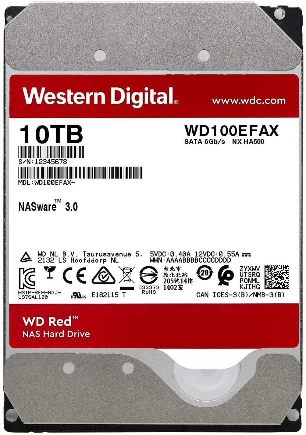 Western Digital 10TB 3.5" NAS Internal Hard Drive, 256MB Cache, 5400rpm, SATA - WD100EFAX